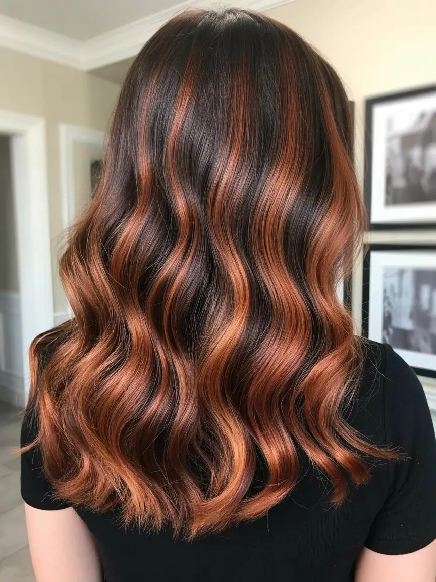 beautiful spring balayage hair color ideas 2026 + Copper Ribbon Balayage For Warm Spring Energy