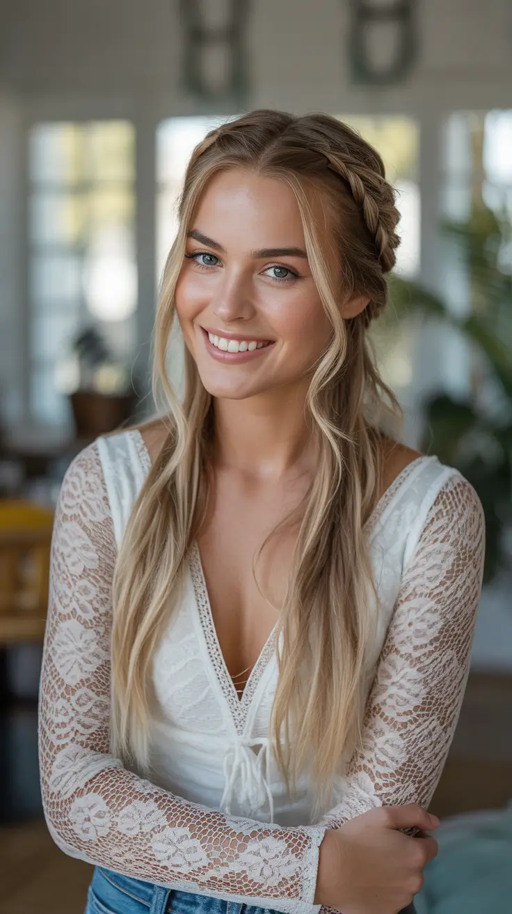 trendy spring blonde hair color looks 2026 Braided Crown Blonde With Soft Face-Framing Ribbons