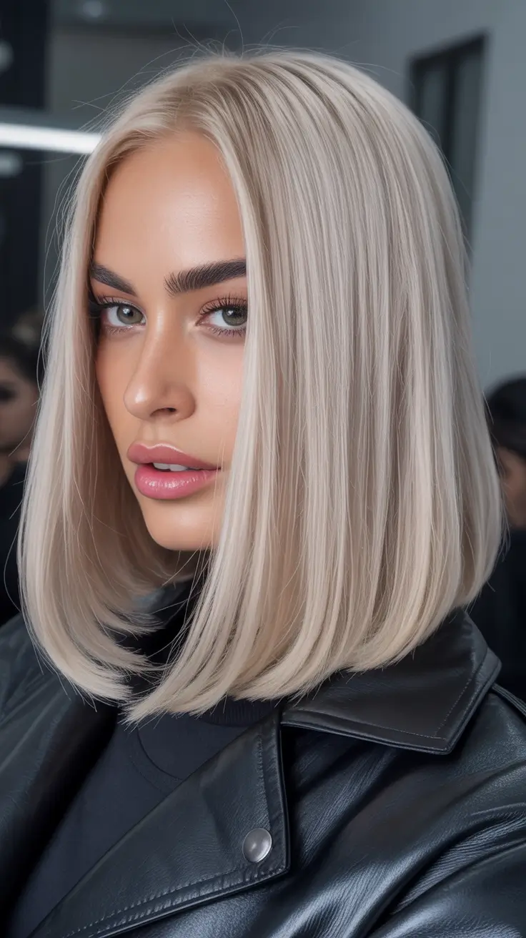 trendy spring blonde hair color looks 2026 Icy Pearl Blonde Precision Bob With Glassy Shine