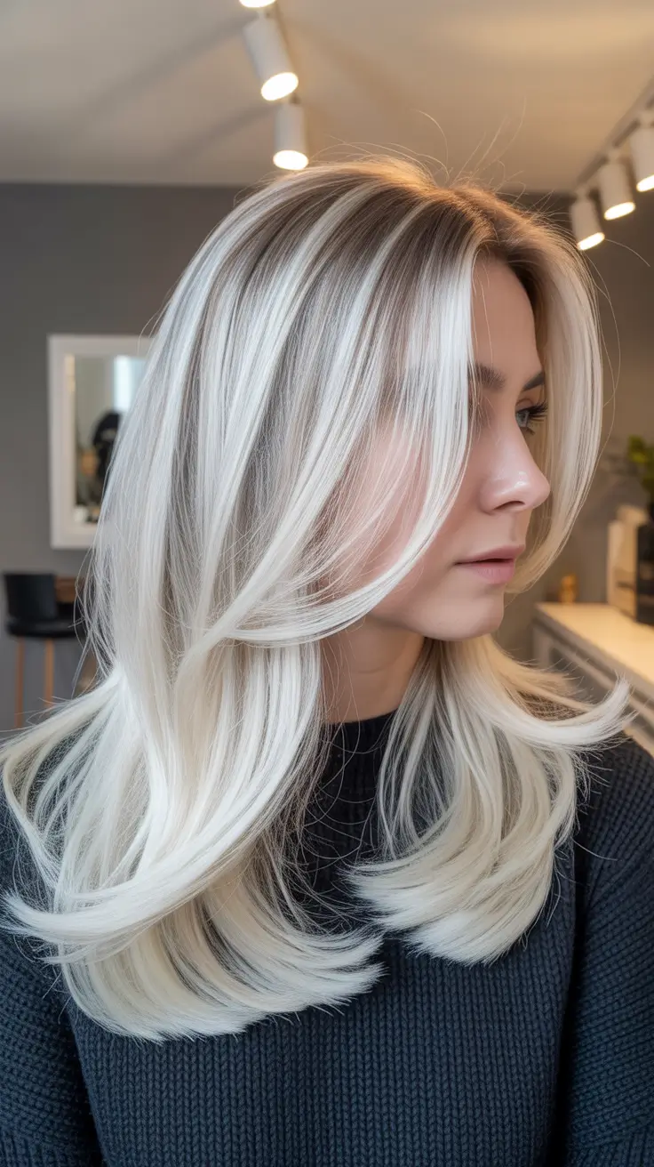 trendy spring blonde hair color looks 2026 Cool Vanilla Blonde Layers With Shadow Root Dimension