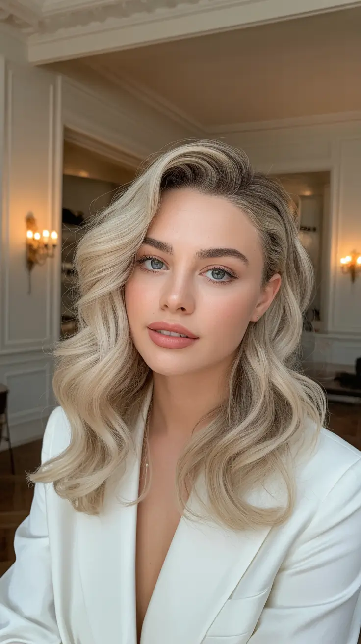 trendy spring blonde hair color looks 2026 Champagne Blonde Glam Waves At Shoulder Length