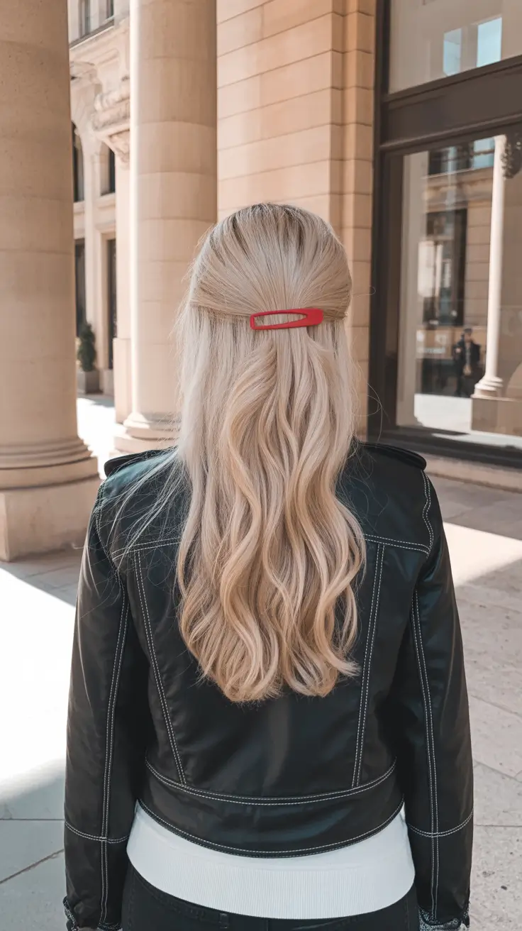 trendy spring blonde hair color looks 2026 Soft Platinum Half-Up Waves With A Pop-Color Clip