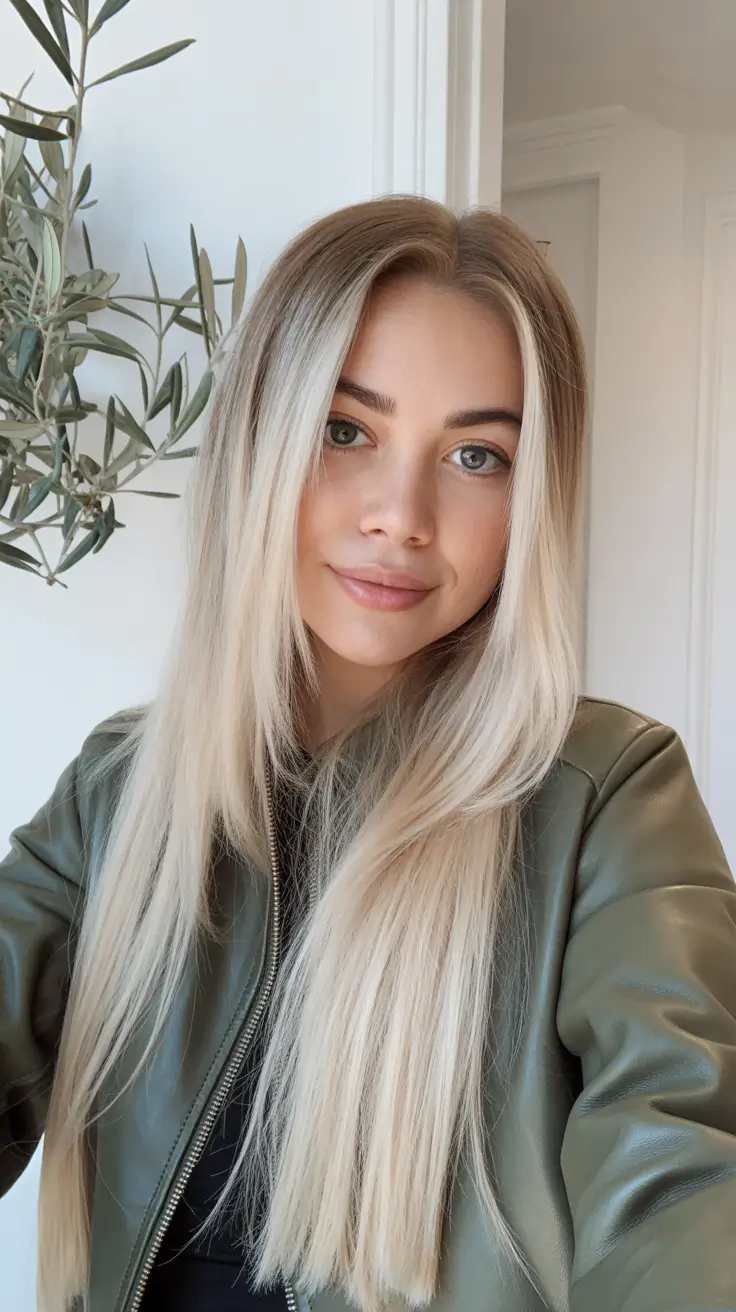 trendy spring blonde hair color looks 2026 + Rooted Pearl Blonde With Sleek Length And Soft Face Frame