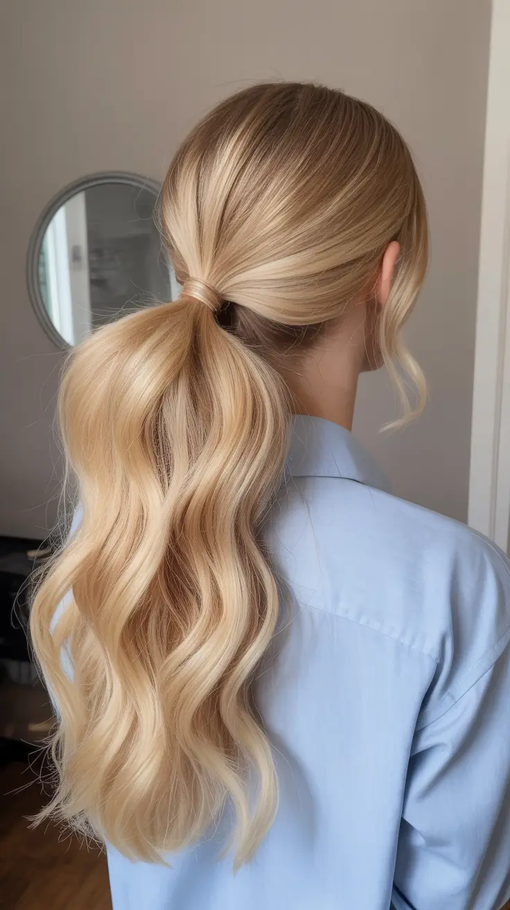 trendy spring blonde hair color looks 2026 + Warm Golden Blonde Ponytail With Bright Ribbon Highlights