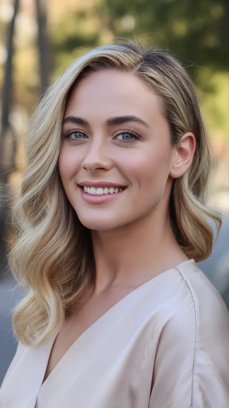 trendy spring blonde hair color looks 2026 Shoulder-Length Butter Blonde Waves With A Clean Side Part