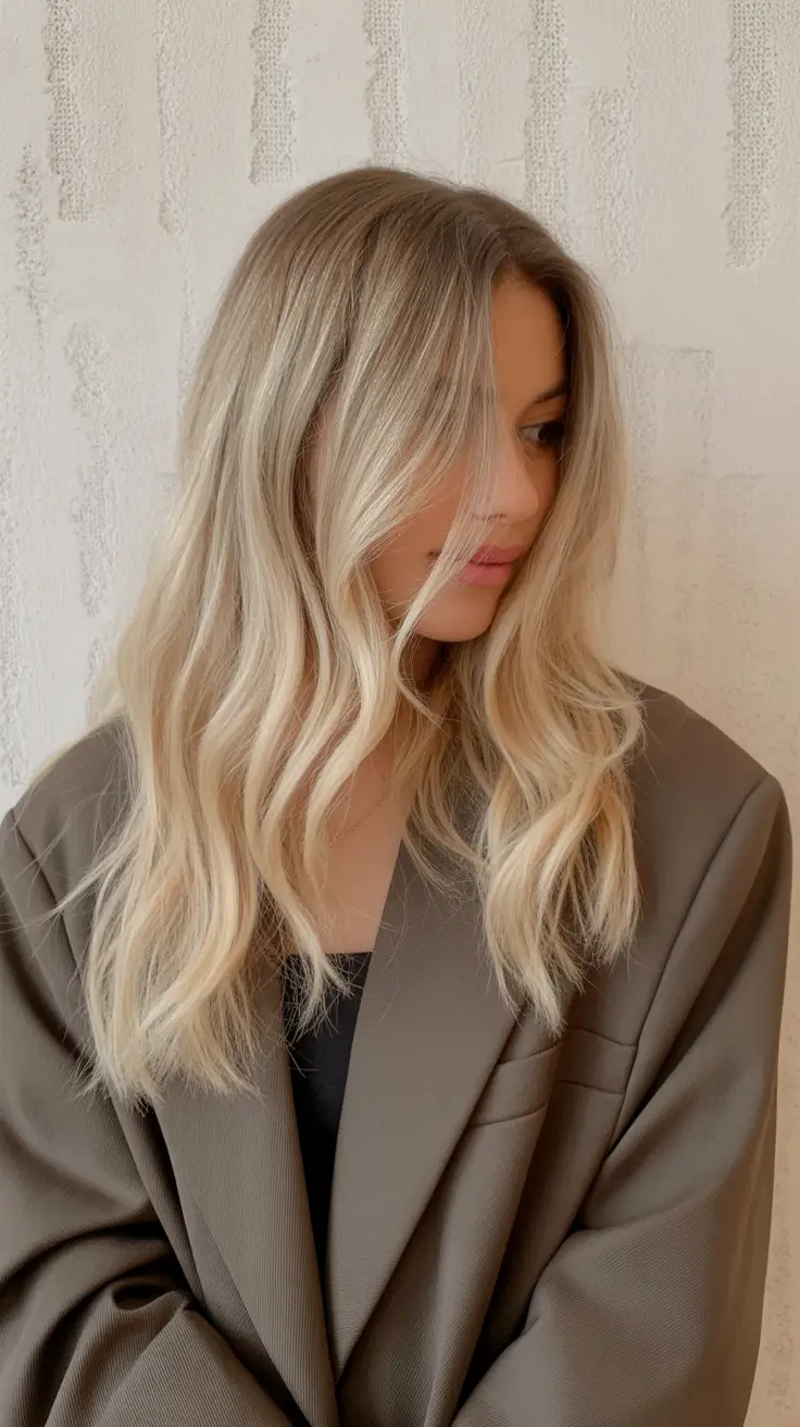 trendy spring blonde hair color looks 2026 + Shoulder Length Blonde Melt With Soft, Airy Waves