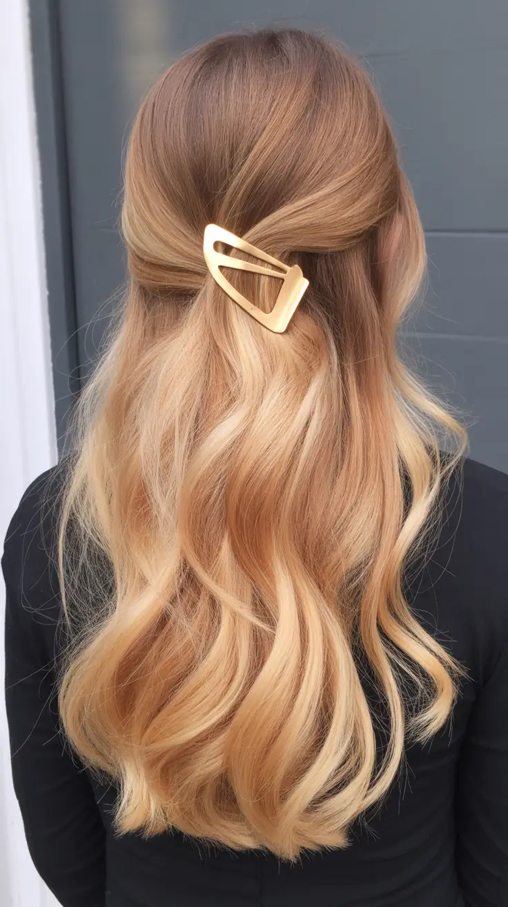 trendy spring blonde hair color looks 2026 + Strawberry-Honey Blonde Blend With A Chic Half-Up Clip