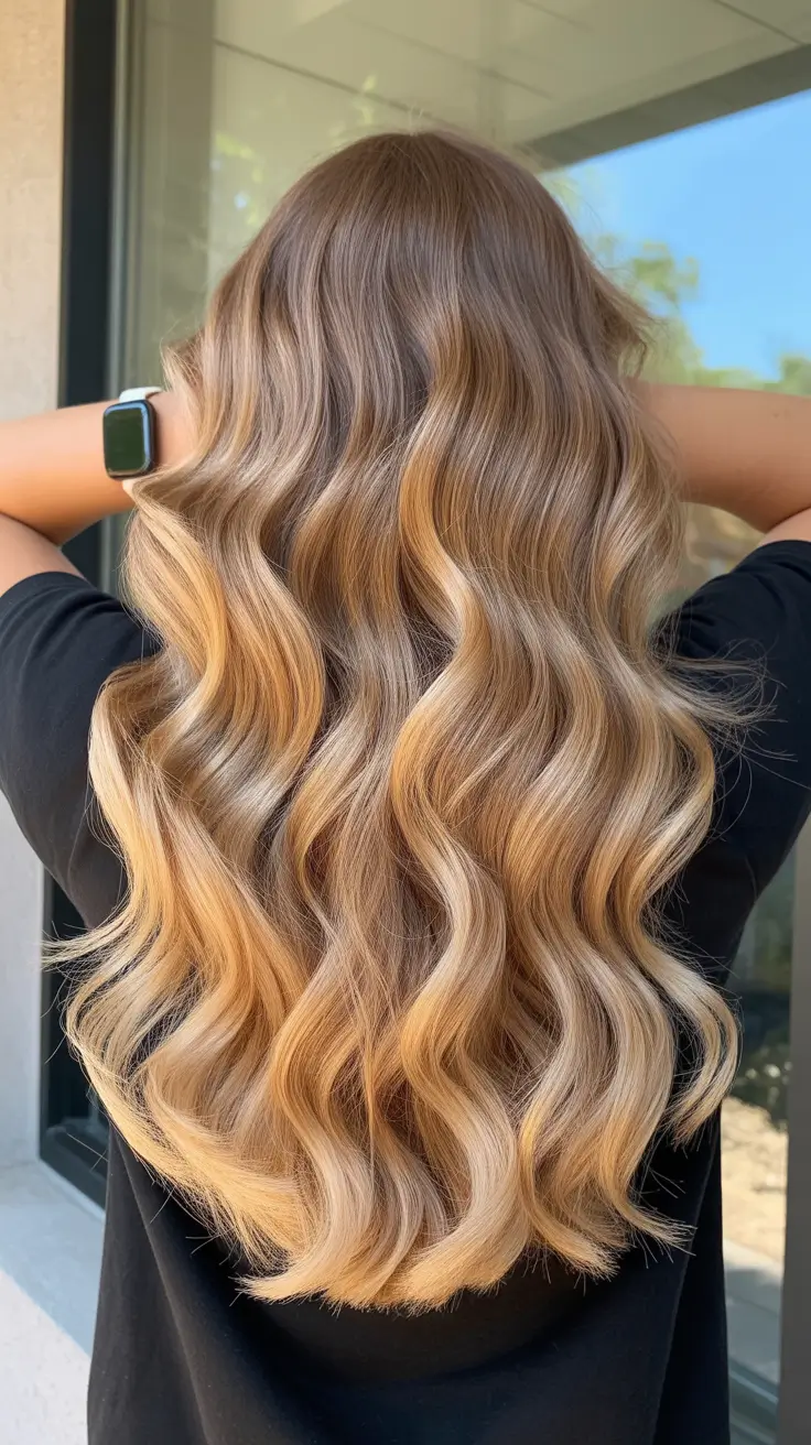 trendy spring blonde hair color looks 2026 Warm Ribbon Blonde Balayage On Long Waves