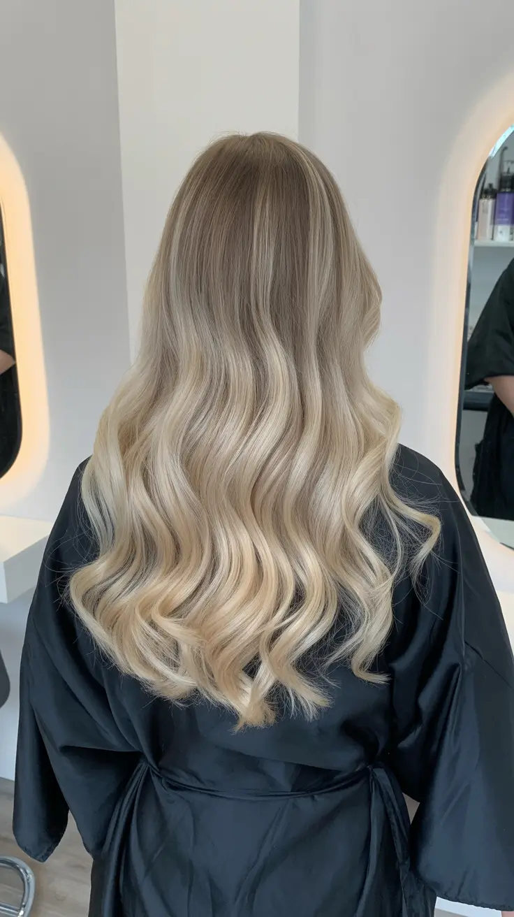 trendy spring blonde hair color looks 2026 + Soft Champagne Waves With A Shadow Root