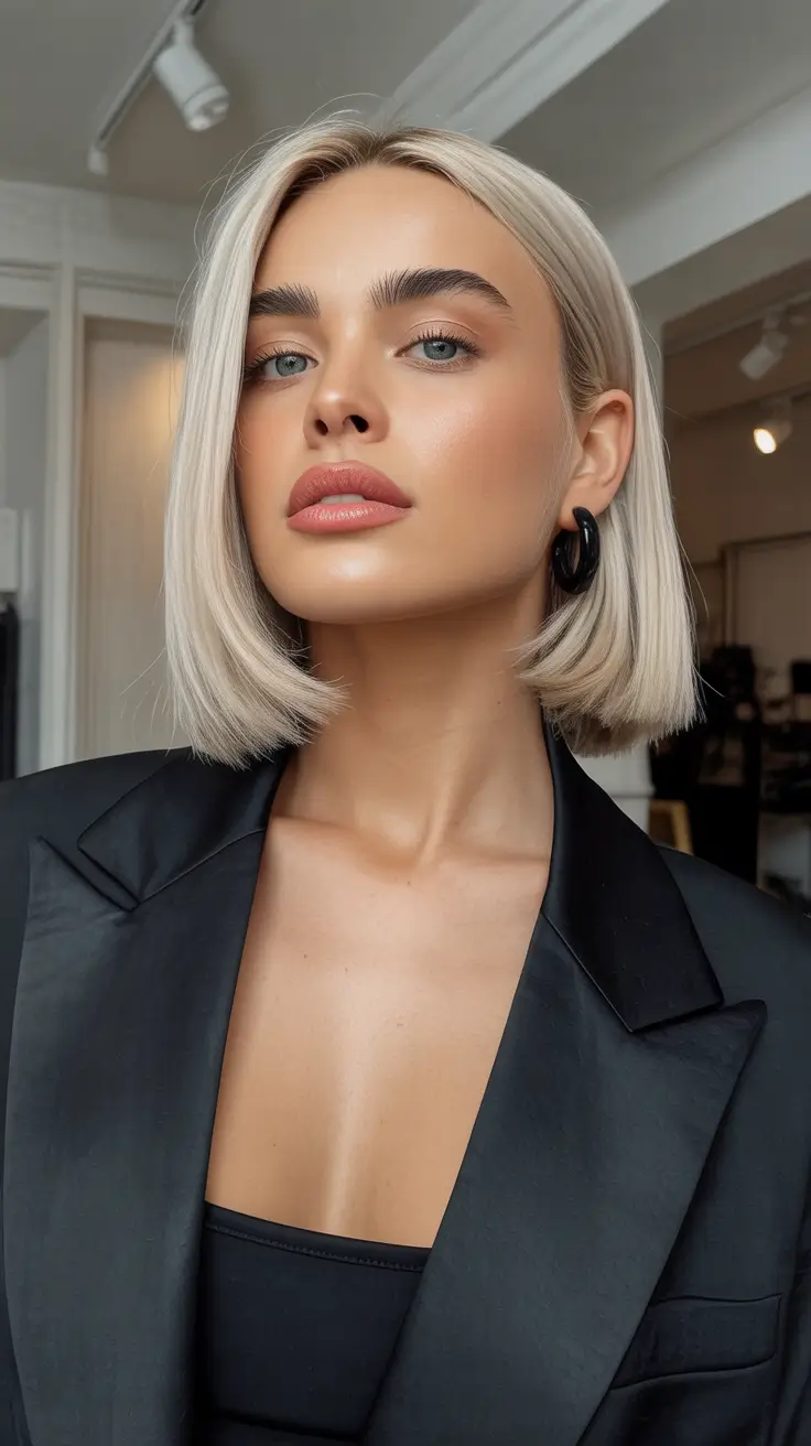 trendy spring blonde hair color looks 2026 + Icy Platinum Power Bob At Shoulder Length