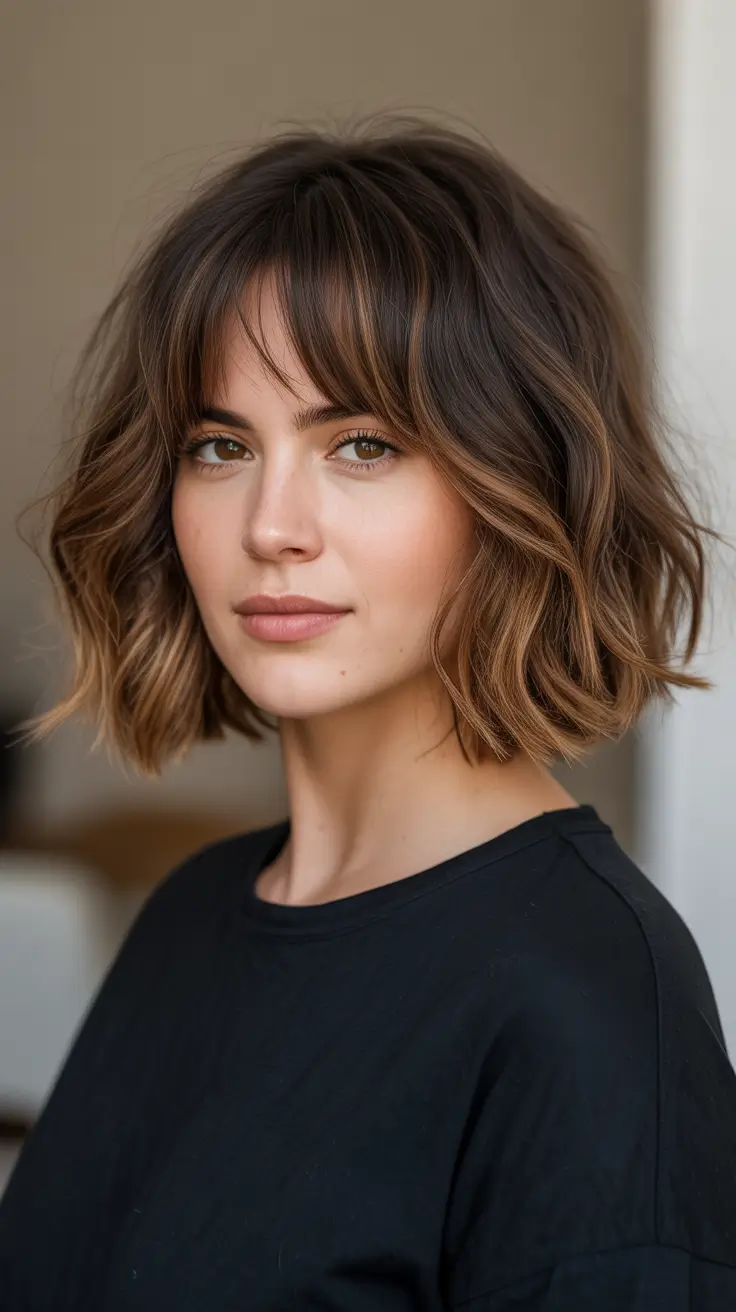vibrant spring bob haircuts 2026 + Warm Highlighted Bob With Wispy Bangs And Texture