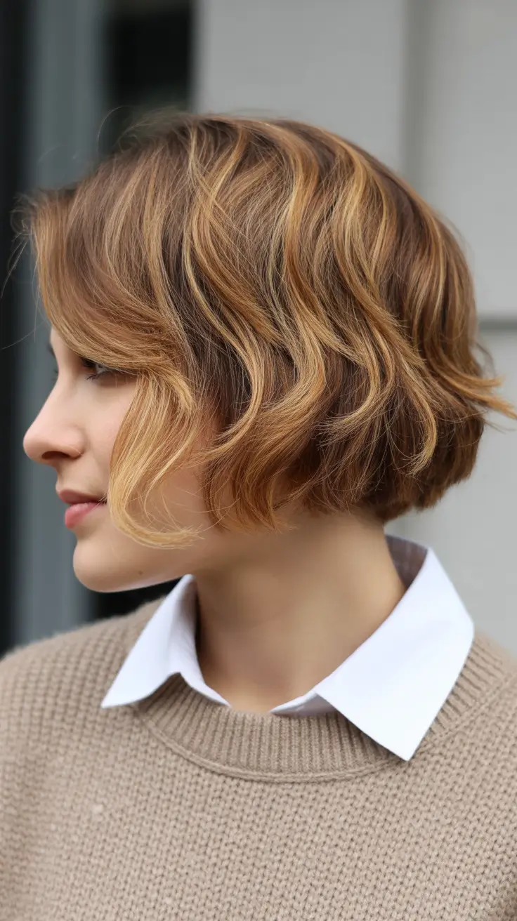 vibrant spring bob haircuts 2026 + Golden Caramel Waves With A Cozy-Smart Finish