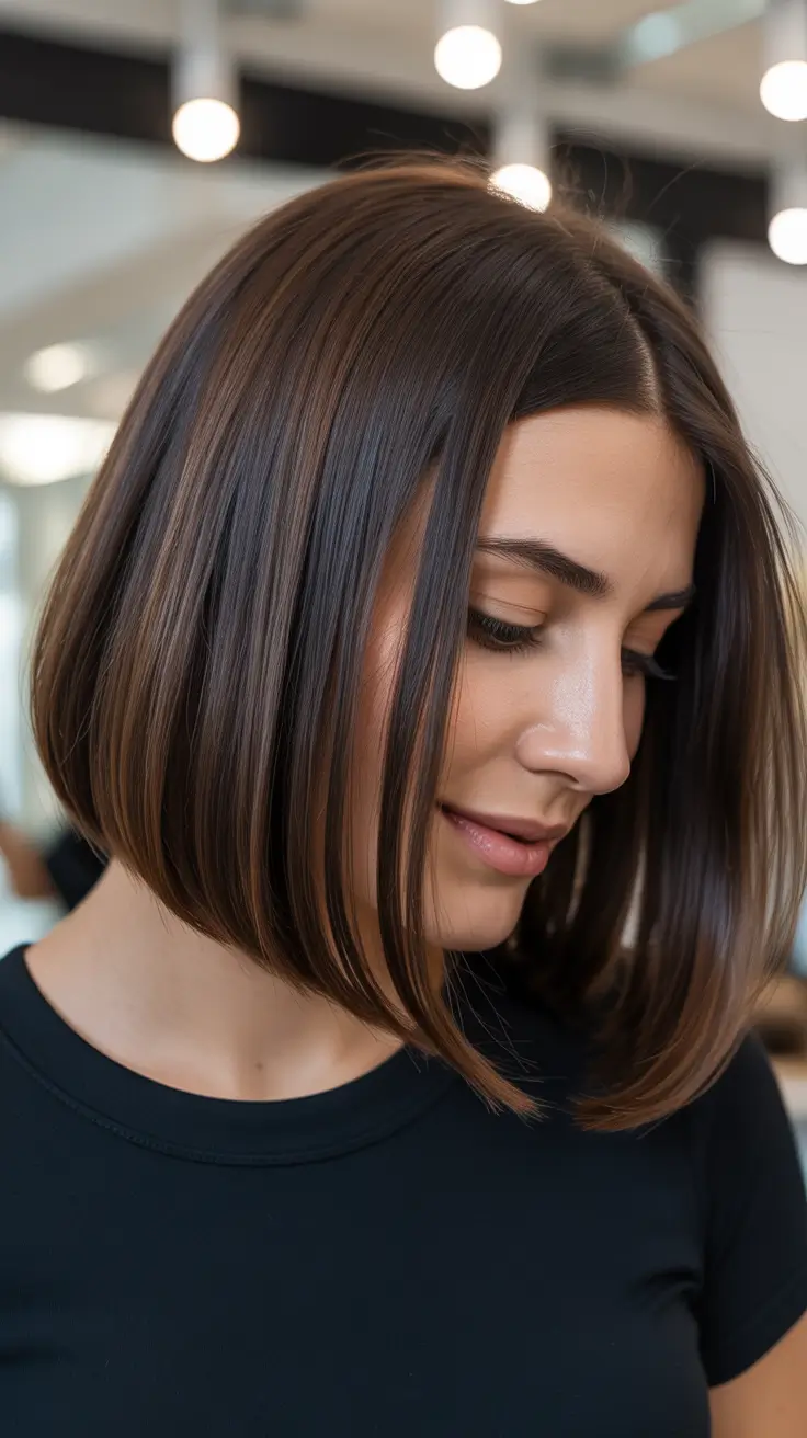 vibrant spring bob haircuts 2026 + Sleek Brunette Bob With Clean-Glass Shine