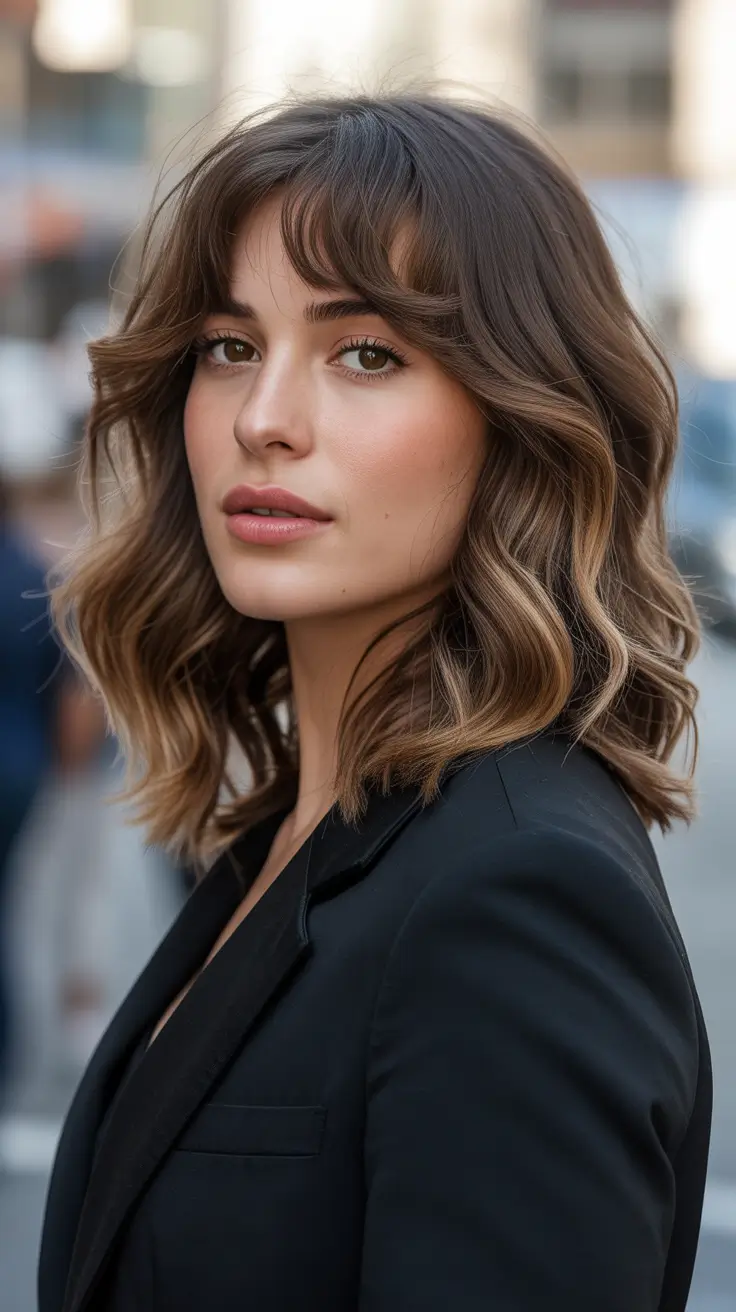 amazing spring brown hair color 2026 + Soft Mocha Waves With Airy Curtain Bangs