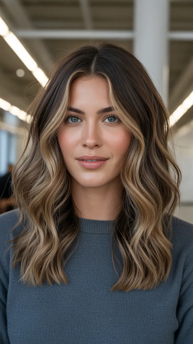amazing spring brown hair color 2026 + Ribbon Highlight Waves With Soft Contrast