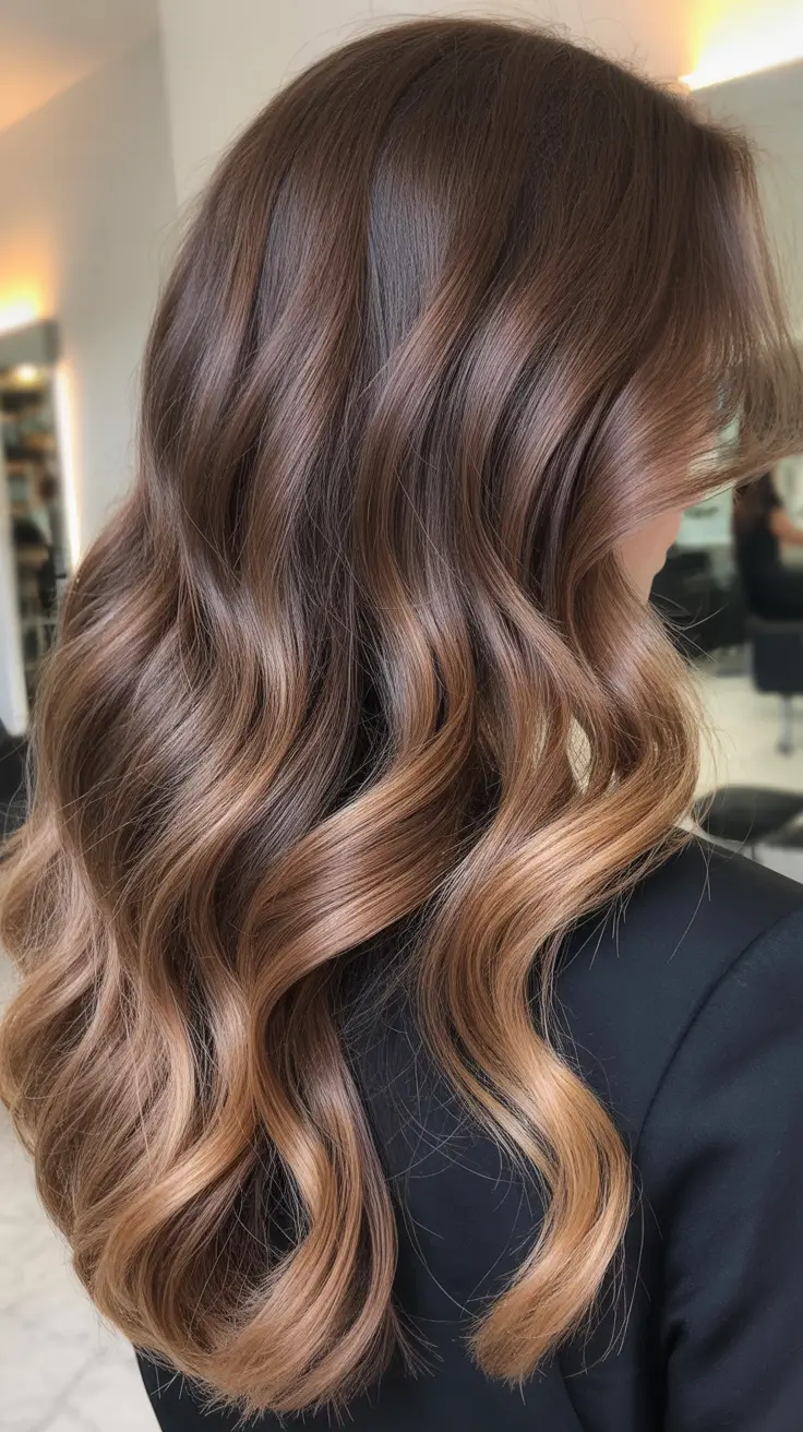 amazing spring brown hair color 2026 + Warm Caramel Balayage On Glossy Waves