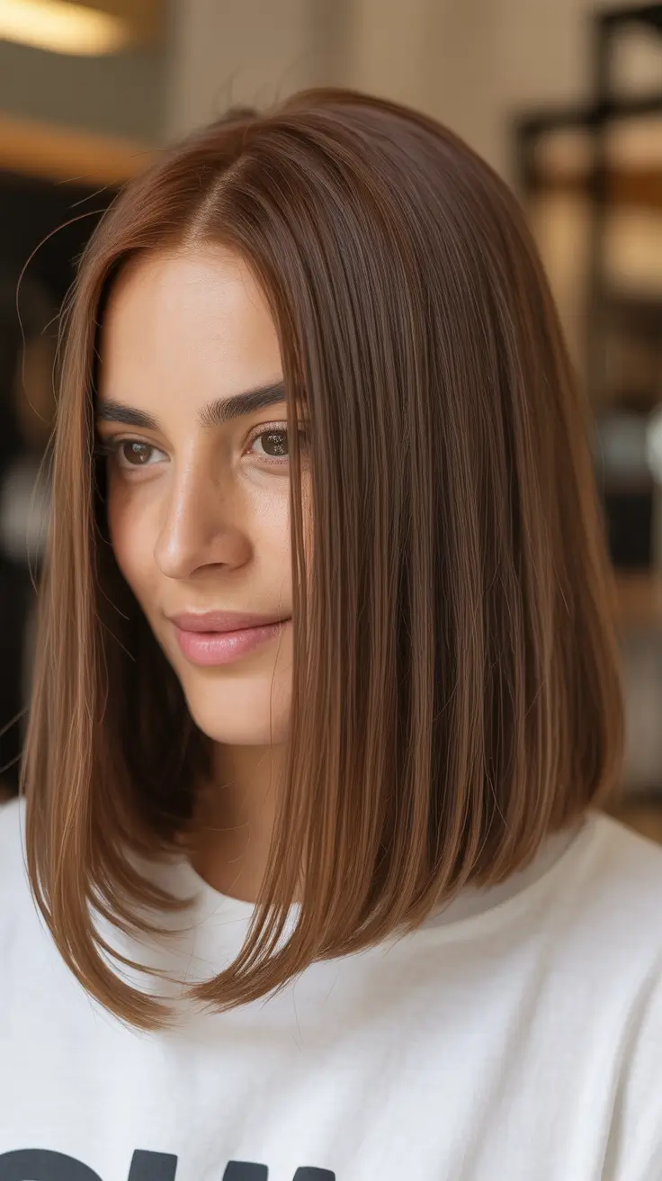 amazing spring brown hair color 2026 + Sleek Medium Brunette Bob With Clean Shine