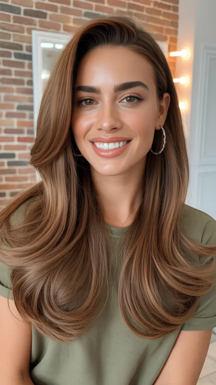 amazing spring brown hair color 2026 + Warm Chocolate Blowout With Subtle Dimension