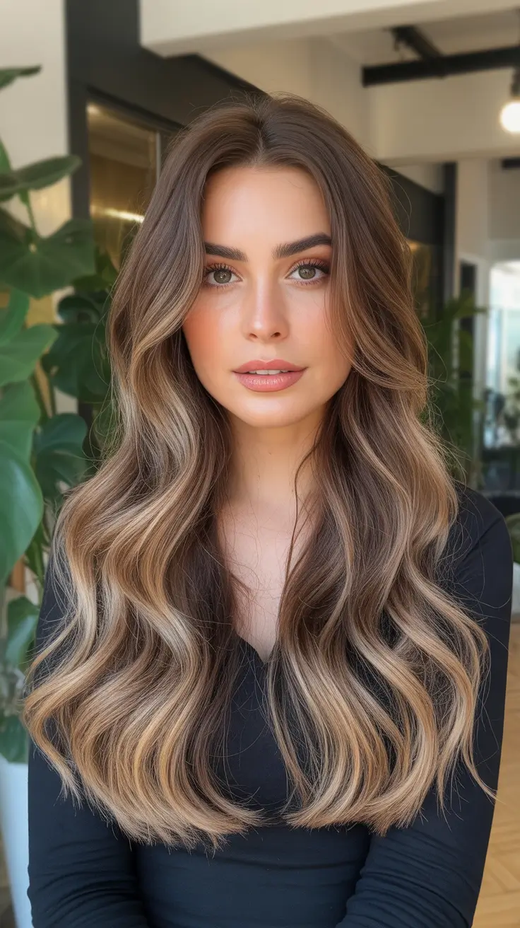amazing spring brown hair color 2026 + Dark Root Balayage With Beige-Gold Ribbons