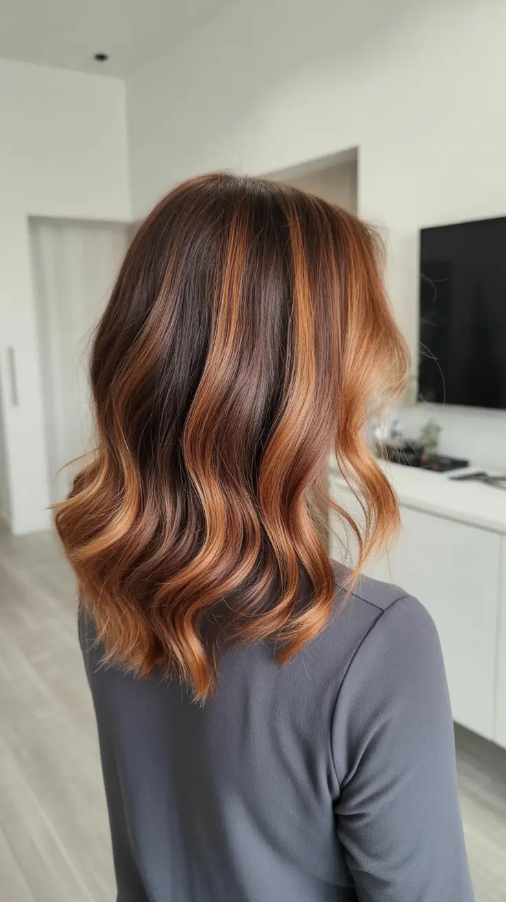 amazing spring brown hair color 2026 + Short Wavy Brunette With Coppery Pop Highlights
