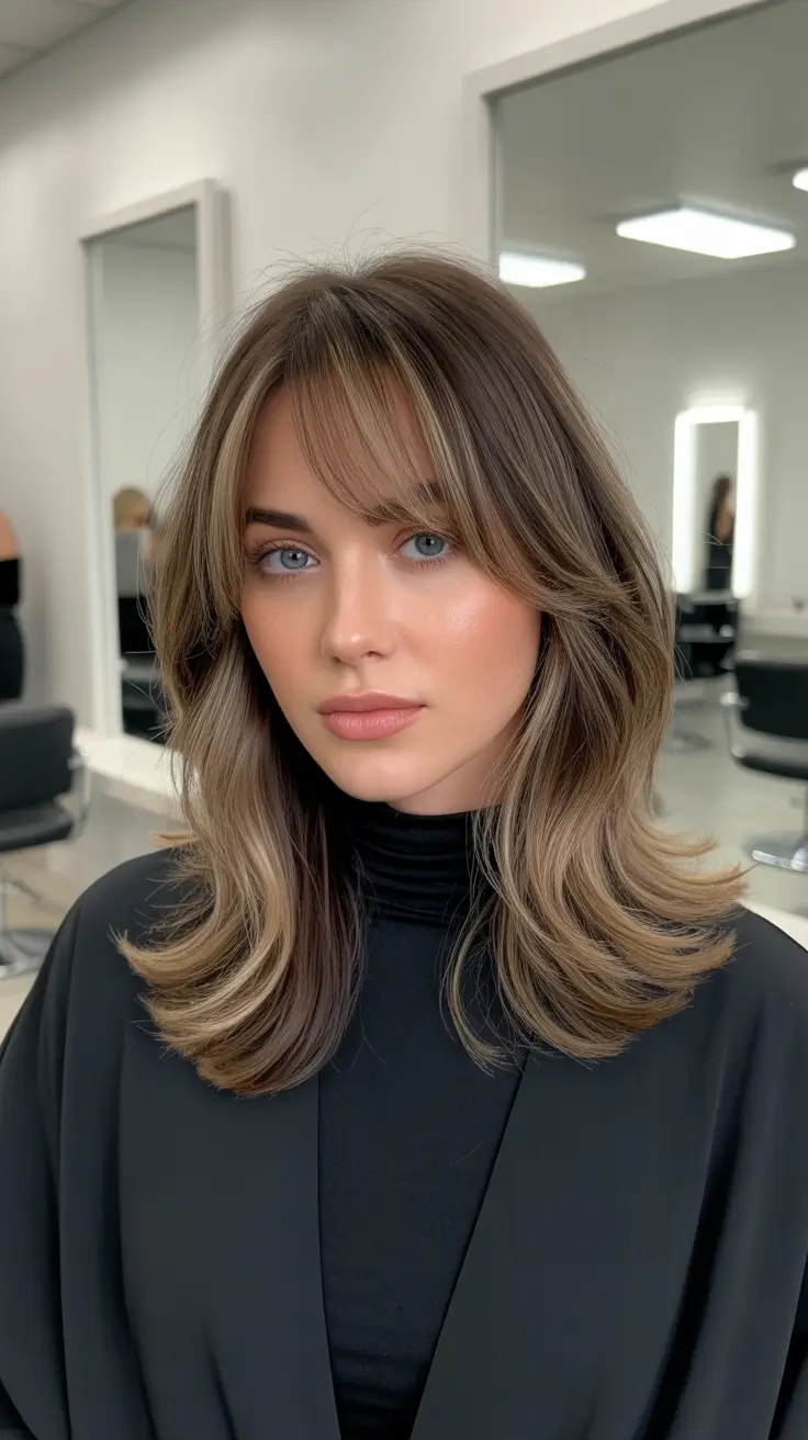 amazing spring brown hair color 2026 + Feathered Layers With Curtain Bangs And Soft Highlights