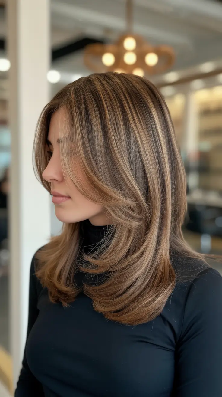 amazing spring brown hair color 2026 + Polished Shoulder-Length With Beige-Gold Highlights