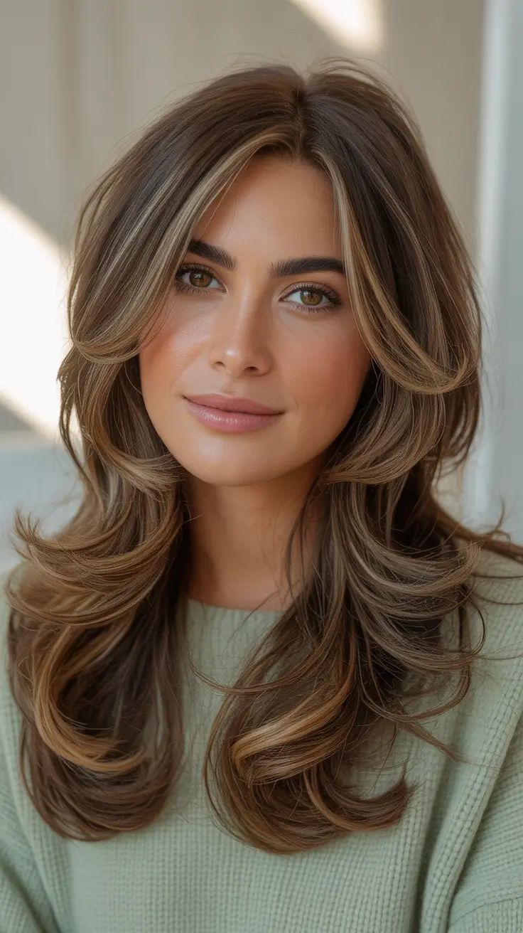 subtle spring brunette hair color 2026 + Soft Caramel Ribbon Layers For A Fresh Spring Brunette