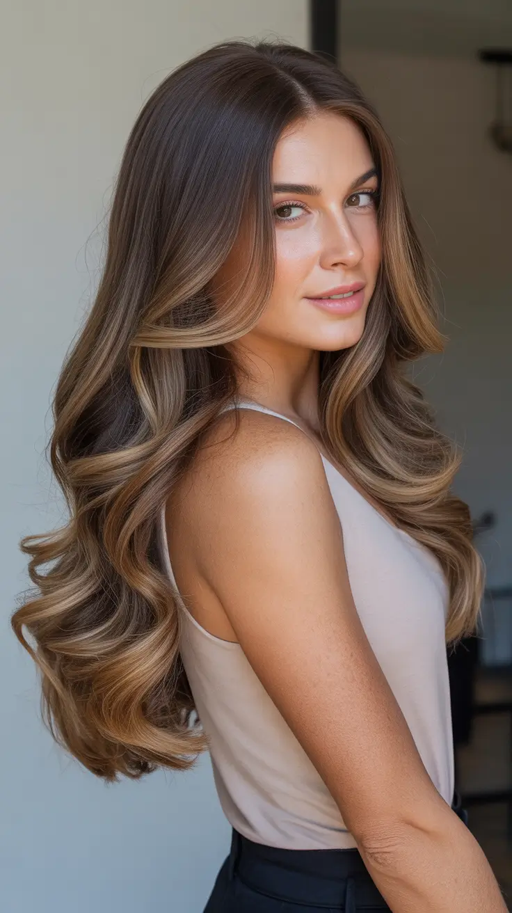 subtle spring brunette hair color 2026 + Polished Brunette Melt With Long, Glossy Waves
