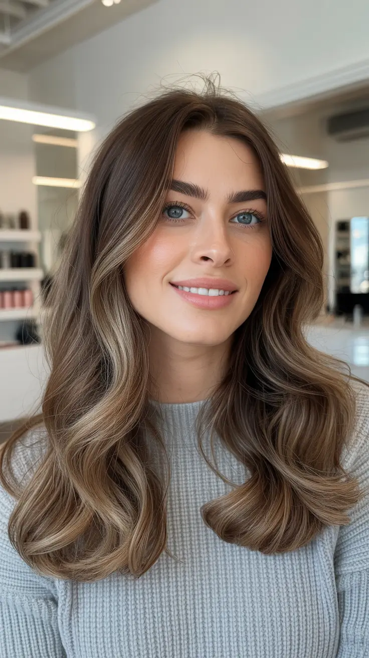 subtle spring brunette hair color 2026 + Balayage Caramel Highlights On A Soft Brunette Blowout