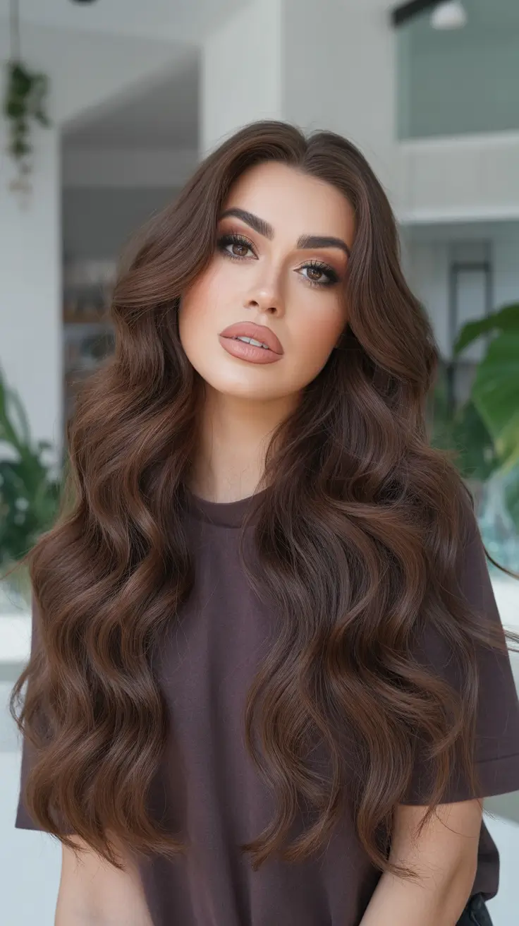 subtle spring brunette hair color 2026 + Chocolate Warm Browns With Ultra-Glam Waves