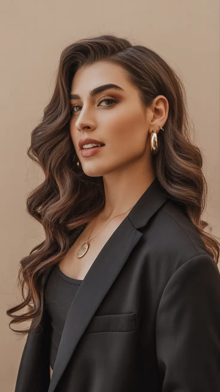 subtle spring brunette hair color 2026 + Cool Brunette Waves With Soft Highlights And Power Blazer Energy