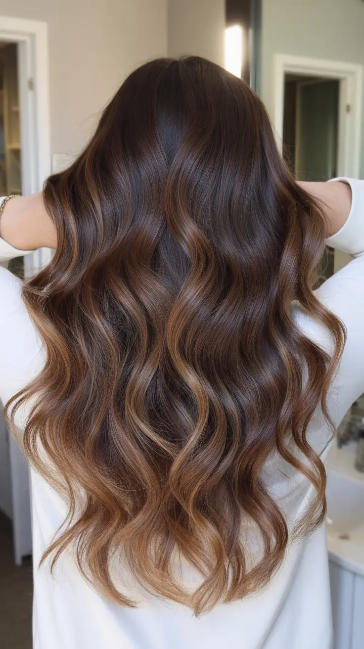 subtle spring brunette hair color 2026 + Dimensional Dark Brunette Balayage With A Soft Wave Pattern