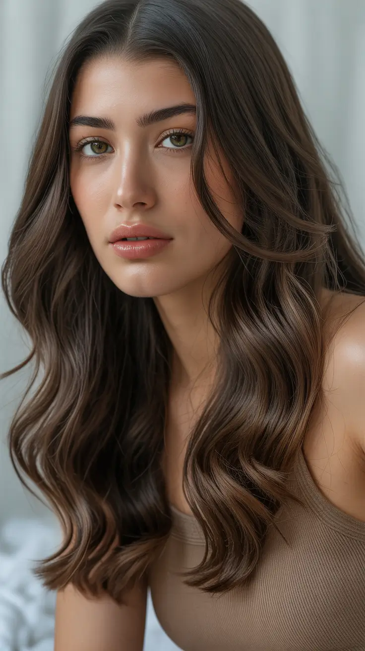 subtle spring brunette hair color 2026 + Cool Espresso Brunette With Subtle Light-Catching Pieces