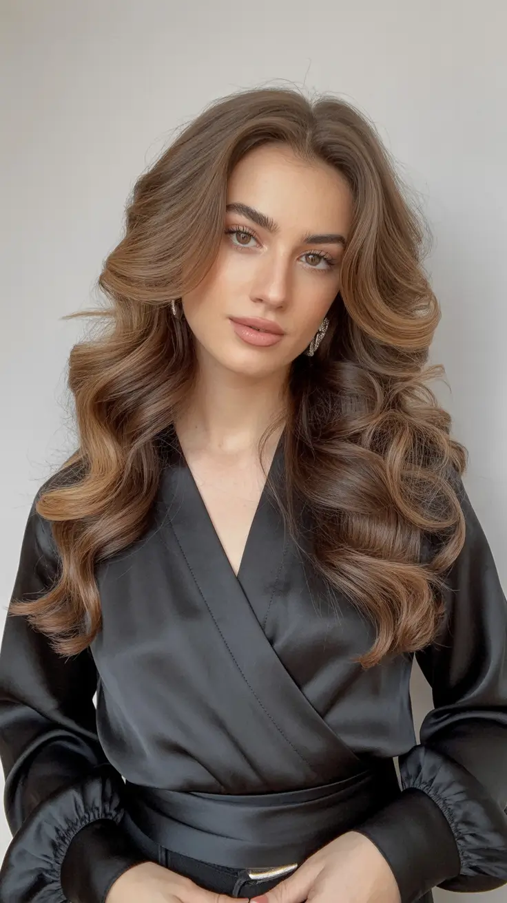 subtle spring brunette hair color 2026 + Soft Chestnut Brunette Glam With Caramel Movement