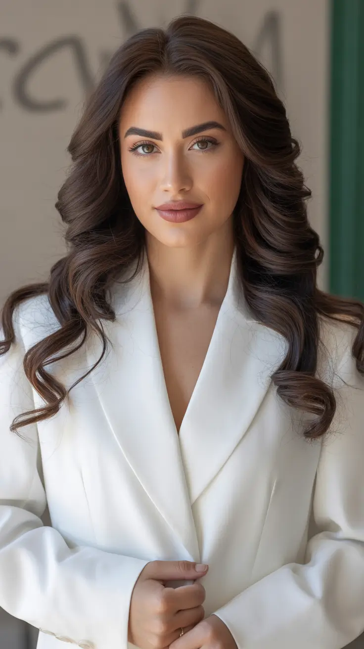 subtle spring brunette hair color 2026 + Polished Brunette Blowout With Soft Ribbon Waves