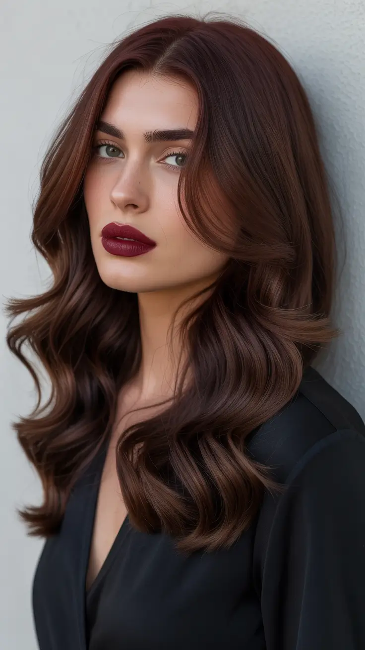 subtle spring brunette hair color 2026 + Deep Auburn-Brunette With Velvety Volume
