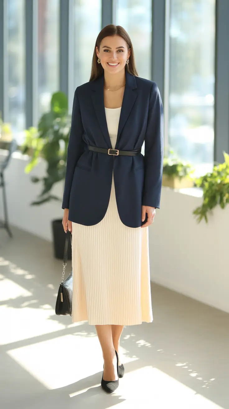versatile spring business casual outfits 2026 + Navy Belted Blazer With A Cream Pleated Midi Skirt