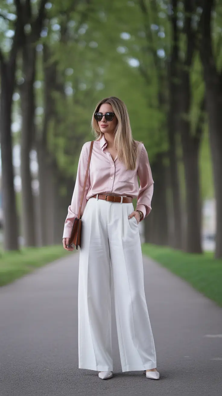 versatile spring business casual outfits 2026 + Blush Button-Down With White Wide-Leg Pants And A Brown Belt