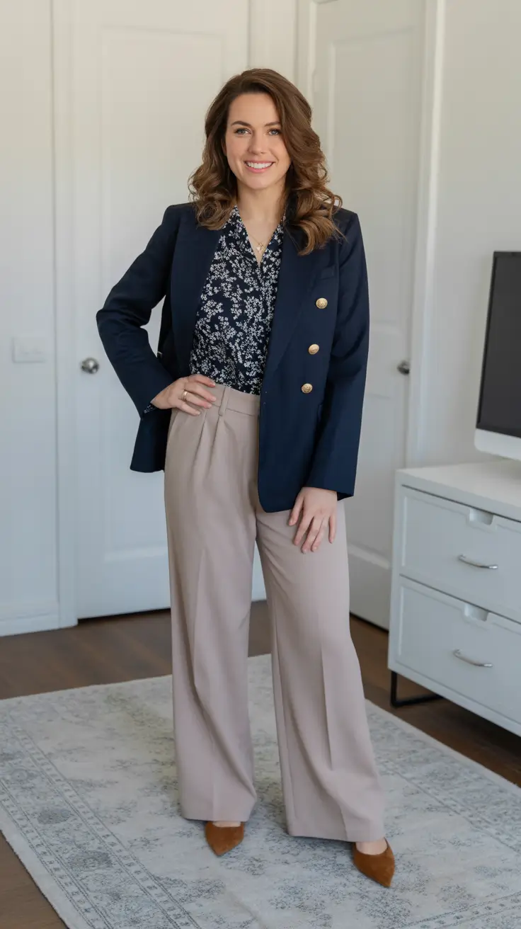 versatile spring business casual outfits 2026 Navy Blazer And Wide-Leg Trousers The Reliable Upgrade