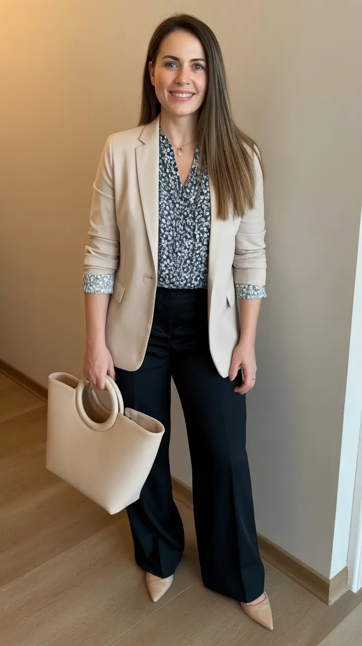 versatile spring business casual outfits 2026 Beige Blazer With Black Pants And A Soft Print Top