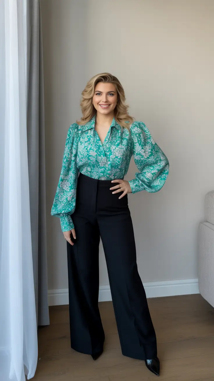 versatile spring business casual outfits 2026 Teal Statement Blouse With Wide-Leg Black Pants