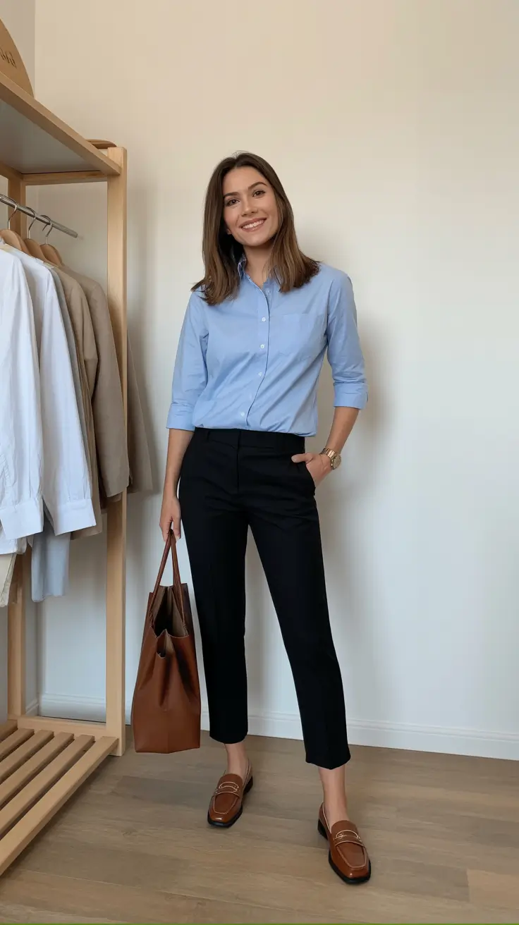 versatile spring business casual outfits 2026 Blue Button-Up And Cropped Trousers The No-Fuss Classic