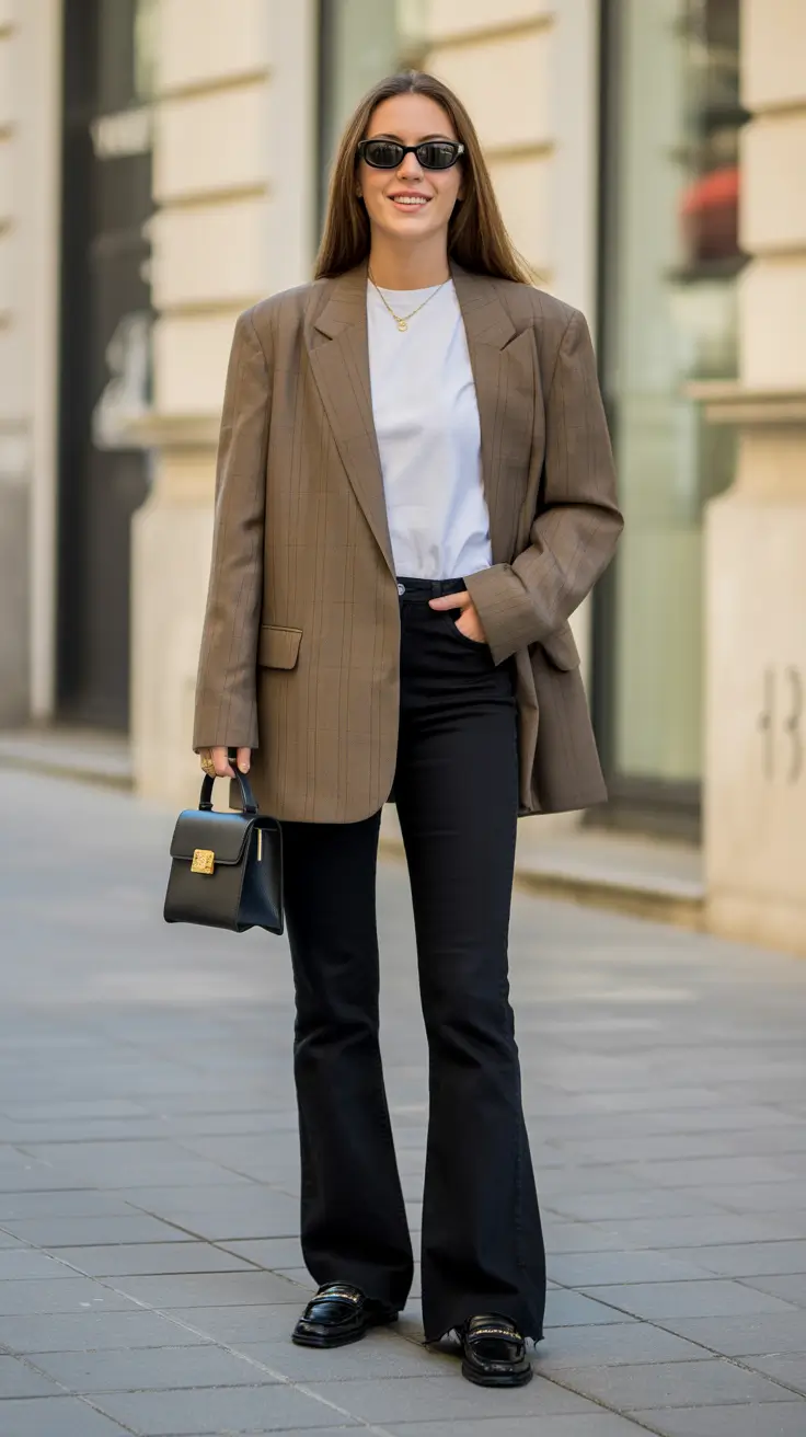 versatile spring business casual outfits 2026 + Oversized Blazer And Black Flares, The Sleek Power Move