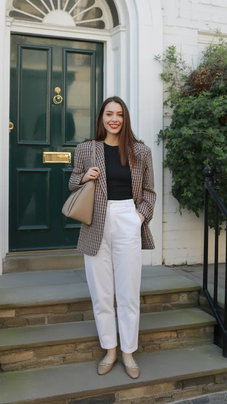 versatile spring business casual outfits 2026 + Plaid Blazer With Crisp White Pants, Clean And Confident