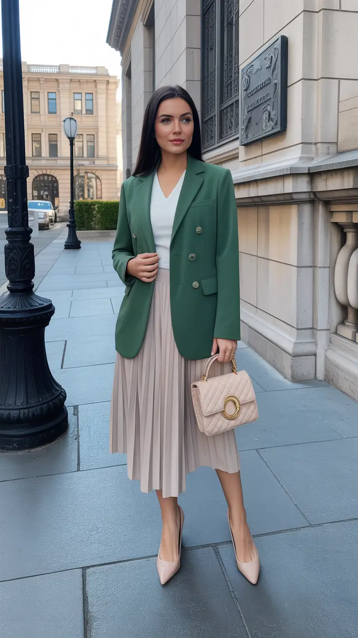 versatile spring business casual outfits 2026 Green Blazer With Pleated Skirt Energy