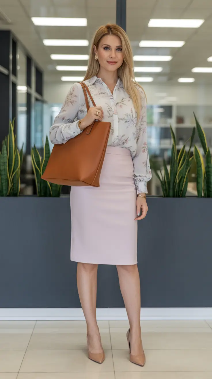 versatile spring business casual outfits 2026 Floral Shirt And Blush Pencil Skirt Soft Power