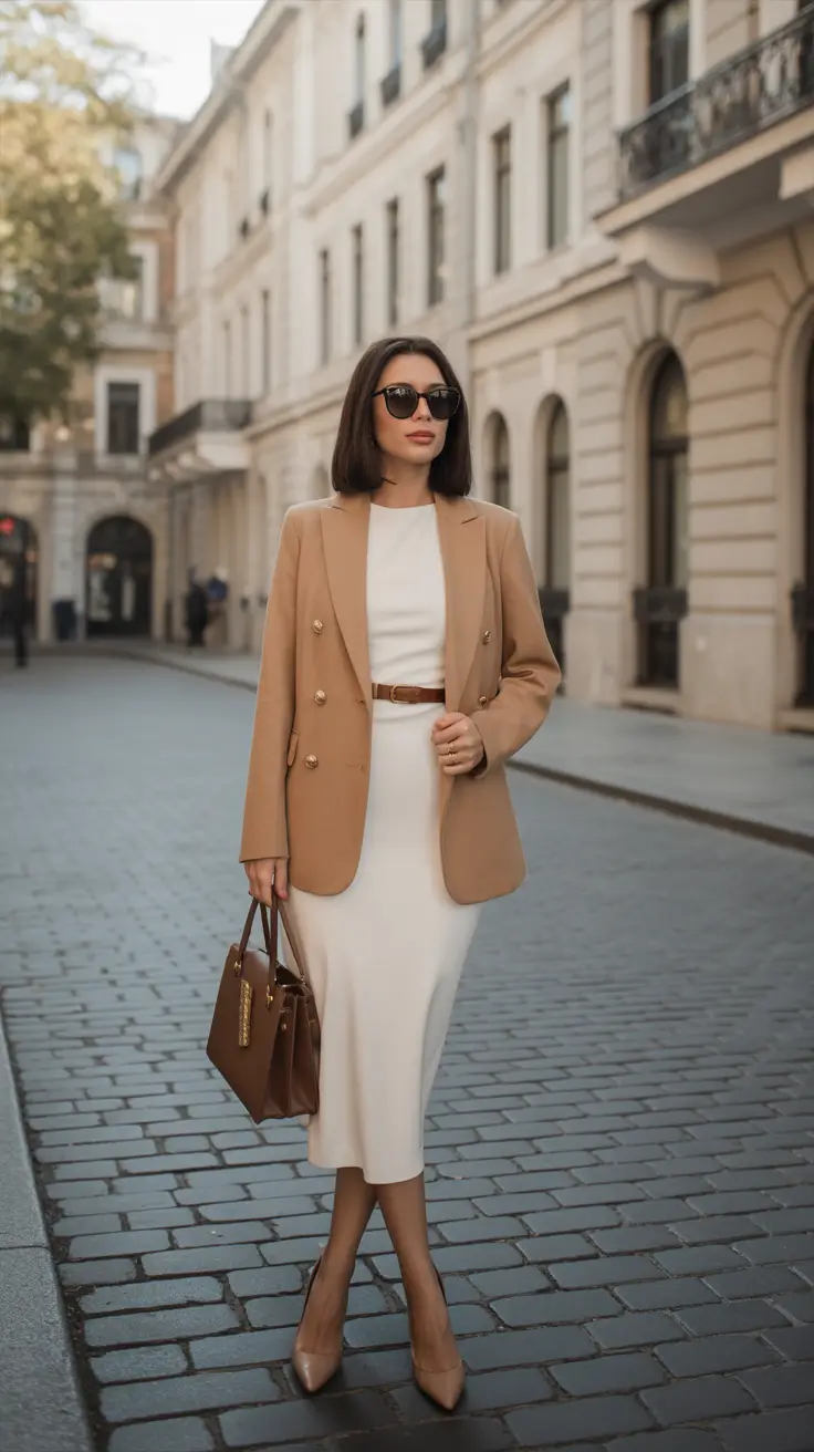 versatile spring business casual outfits 2026 Camel Blazer Over Cream Knit Dress Minimal Chic