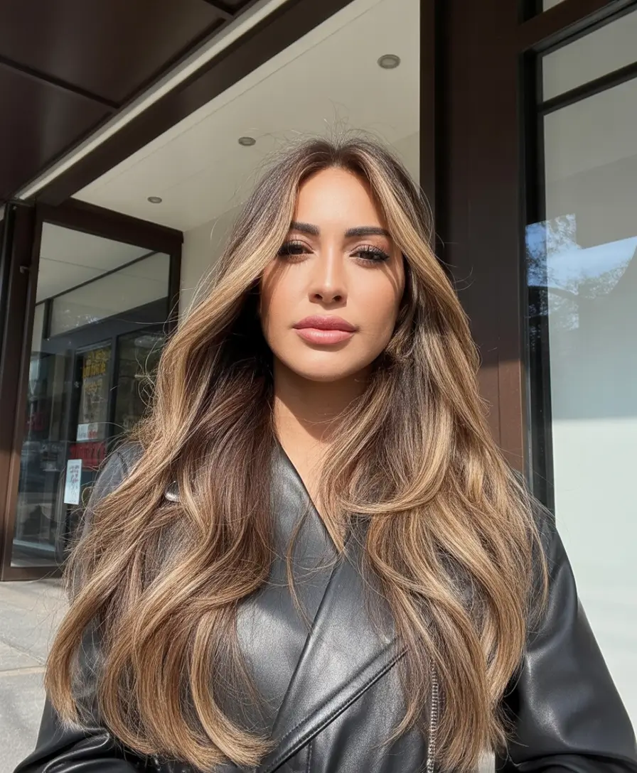 popular spring caramel hair color 2026 + Bold Caramel Money Piece With Brunette Volume