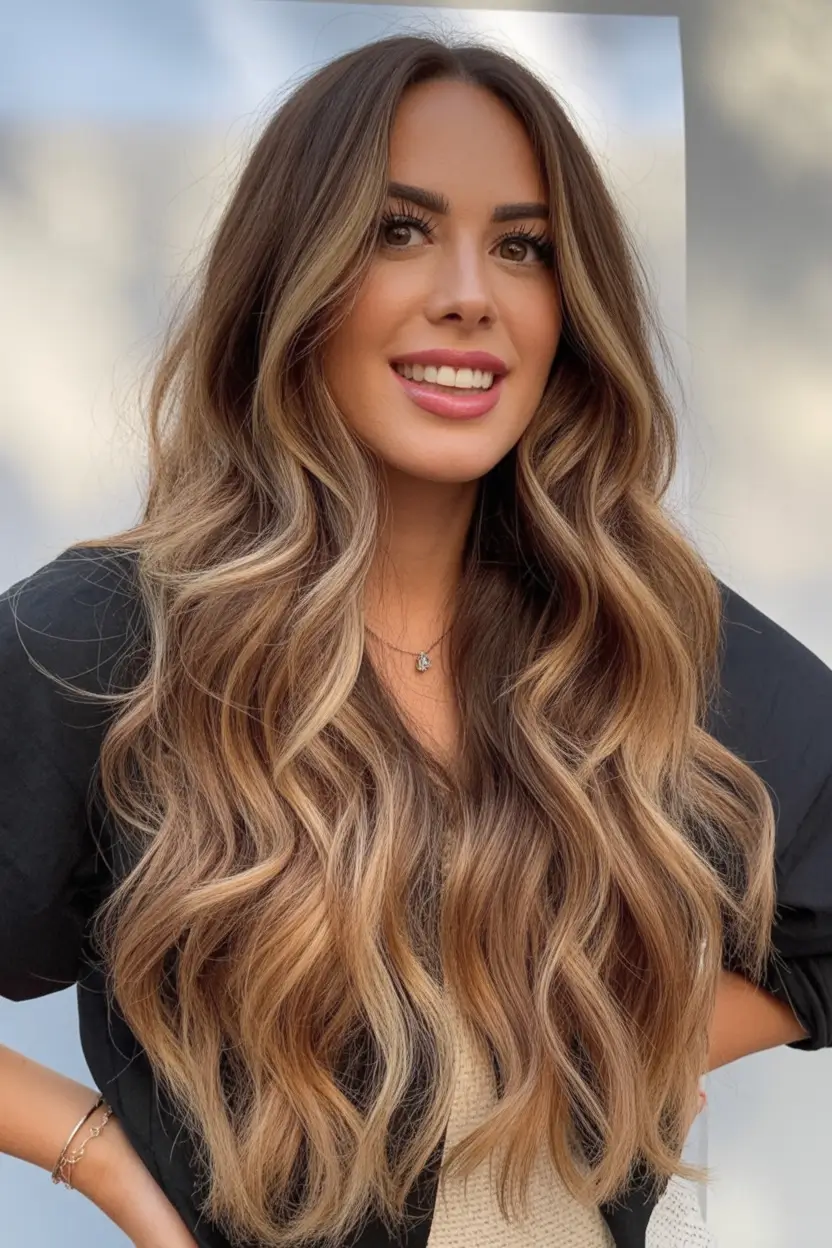 popular spring caramel hair color 2026 + Golden Caramel Ribbon Waves With A Soft Center Part