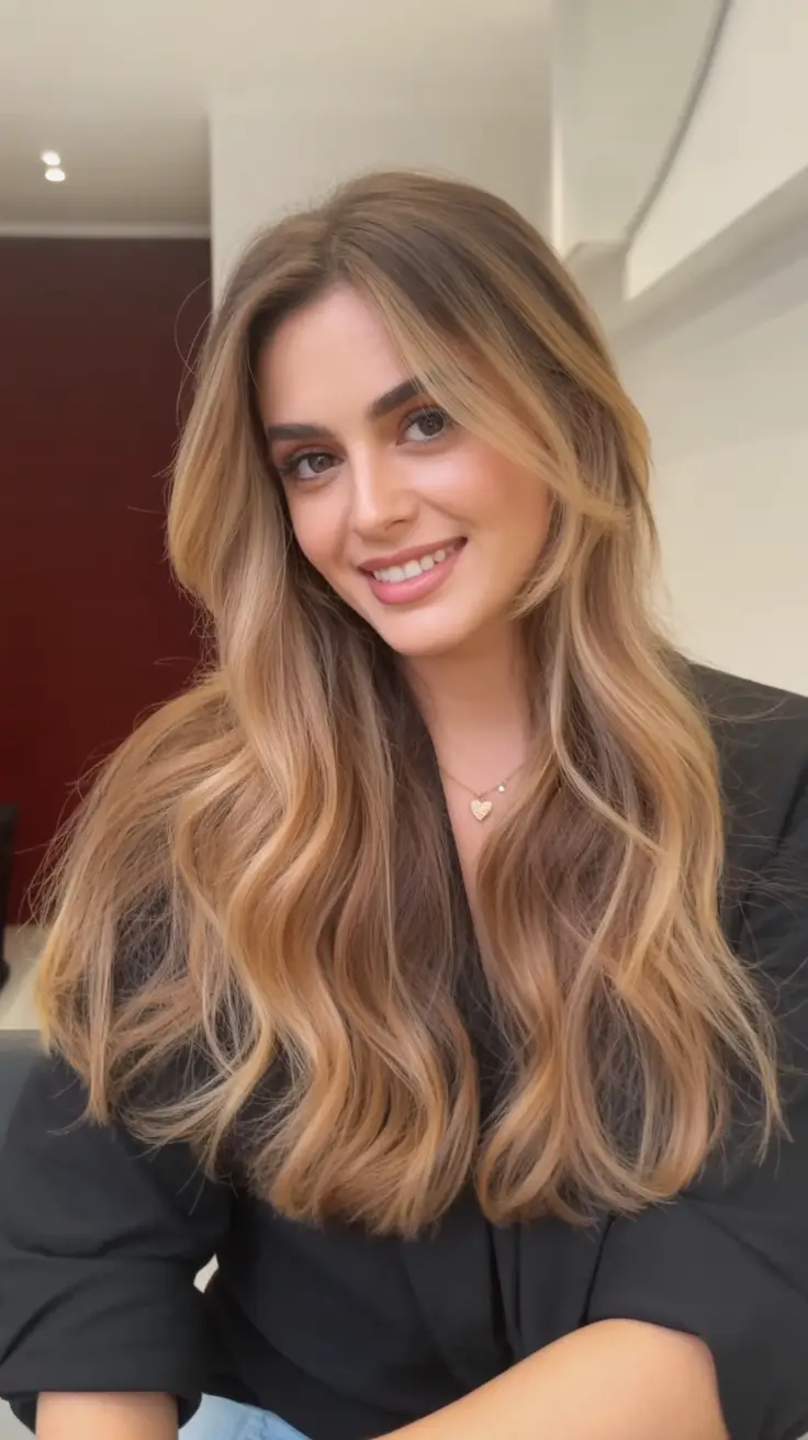 popular spring caramel hair color 2026 + Face-Framing Caramel Glow With Long, Relaxed Layers